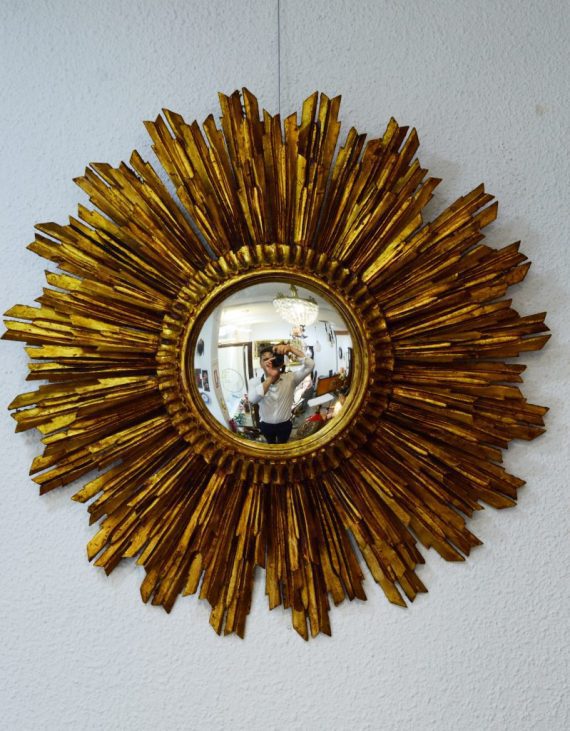 increíble espejo sol de madera vintage y cristal convexo